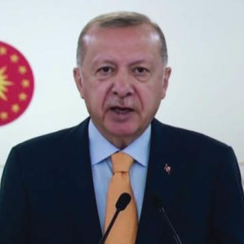Turkish President Recep Tayyip Erdogan speaks remotely to the United Nations General Assembly, Sept. 22.