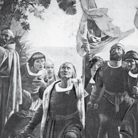 Christopher Columbus landing in America with the Piuzon Brothers bearing flags and crosses, 1492