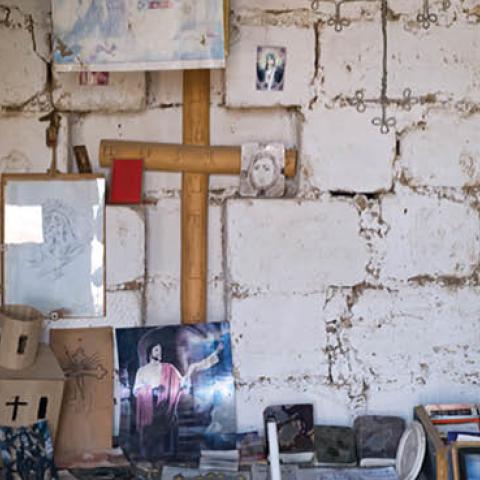 A view of a make-shift chapel on an Armenian frontline position on October 20, 2020 near Aghdam, Nagorno-Karabakh.