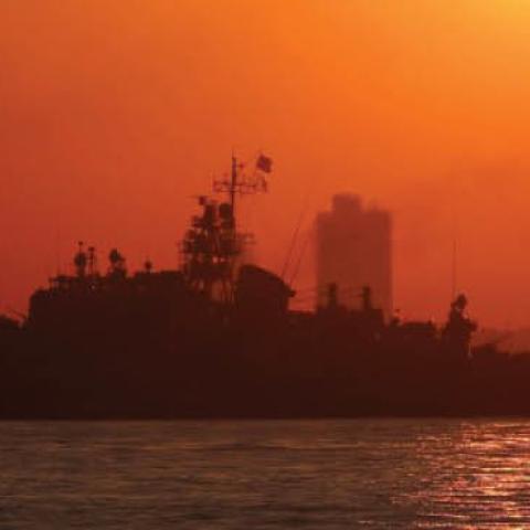 The sun sets as the Turkish Navy’s training ship TCG Cezayirli Hasan Pasa sets sail in the Marmara Sea in Istanbul, Turkey, October 12, 2020.