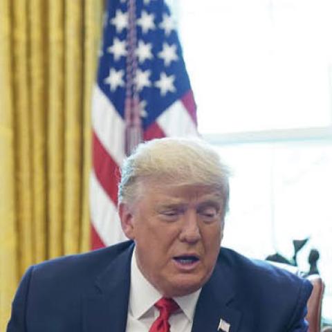 President Trump speaks on a conference call with leaders of Israel and Sudan in the Oval Office, Oct. 23.