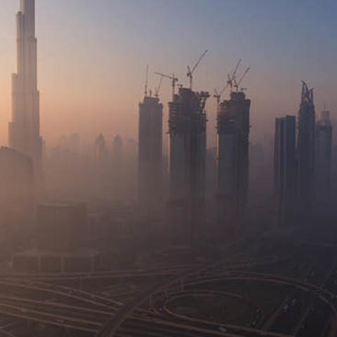 Downtown Dubai at sunrise on December 07, 2016.