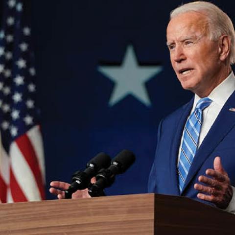 Democratic presidential nominee Joe Biden, joined by vice presidential nominee Sen. Kamala Harris (D-CA), speaks one day after Americans voted in the presidential election, on November 04, 2020 in Wilmington, Delaware