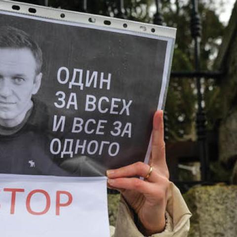A protester in front of the Russian embassy in Dublin, Jan. 31.