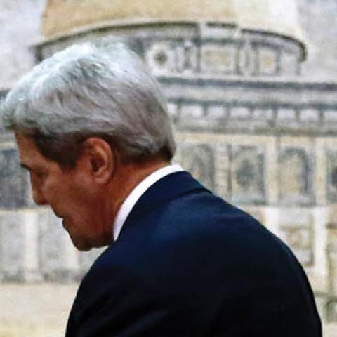 John Kerry, America’s secretary of state at the time, arrives at Palestinian Authority headquarters in the West Bank city of Ramallah on November 24, 2015. 