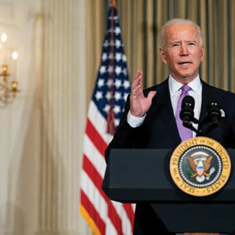 U.S. President Joe Biden speaks about his racial equity agenda in the State Dining Room of the White House on January 26, 2021 in Washington, DC