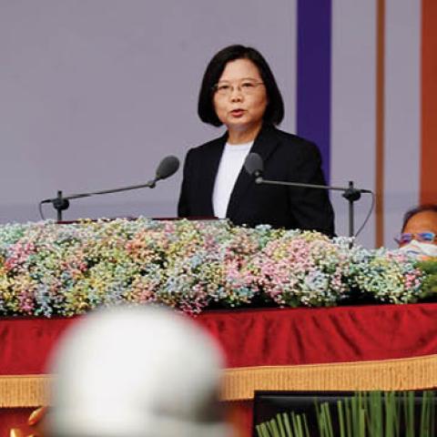 Taiwan President Tsai Ing-wen delivers the 2020 national day address, as troops of honor guards parading, saluting for the 109th annivesary of the establishment of the country, in Taipei City, Taiwan, on 10 October 2020