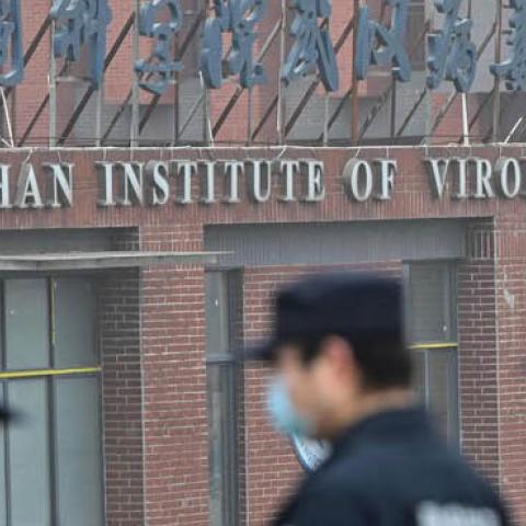 Security personnel stand guard outside the Wuhan Institute of Virology in Wuhan as members of the WHO team investigating the origins of the COVID-19 coronavirus make a visit to the institute in Wuhan