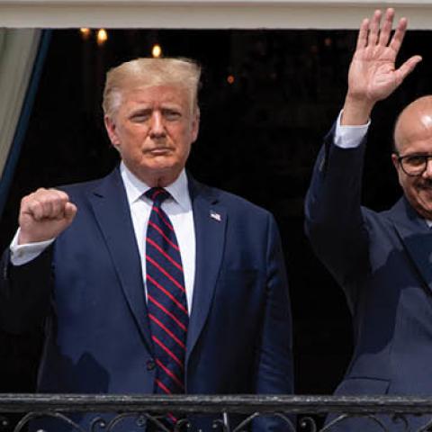 Israeli Prime Minister Benjamin Netanyahu and the foreign ministers of Bahrain and the United Arab Emirates arrived September 15, 2020 at the White House to sign historic accords normalizing ties between the Jewish and Arab states. (SAUL LOEB/AFP)
