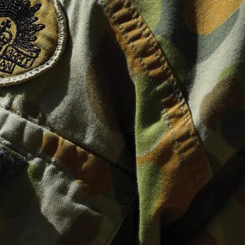 Seen is the sleeve and badges worn by an Australian RAAF (Royal Australian Air Force) JTAC (Joint Terminal Attack Controller) member during air operations on April 6, 2016 in Townsville, Australia (Photo by Ian Hitchcock/Getty Images)