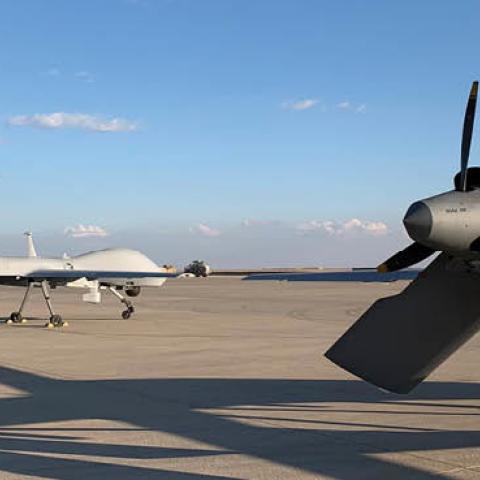US Army drones at the Al Asad Airbase in the western Iraqi province of Anbar, January 2020. (Ayman Henna/AFP via Getty Images)