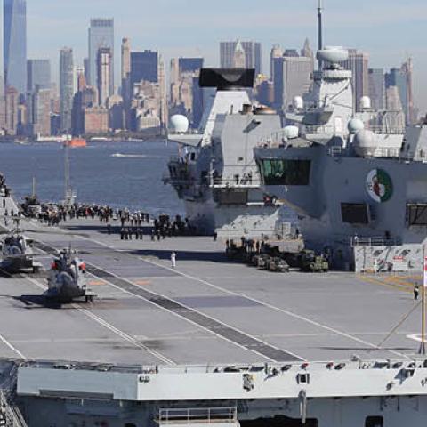 Britain's new aircraft carrier HMS Queen Elizabeth arrives in New York on October 19, 2018 in New York City. (Photo by Christopher Furlong/Getty Images)