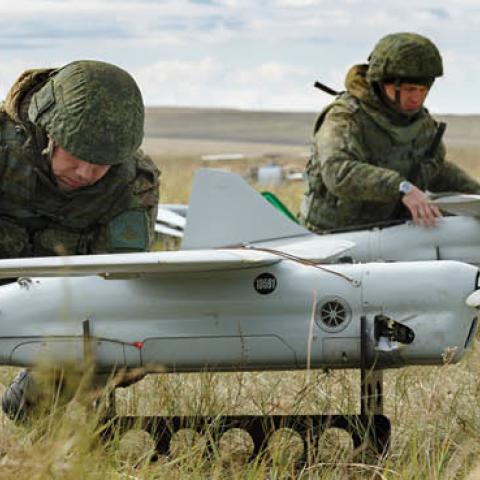 Orlan-10 unmanned aerial vehicles during the  main stage of the Vostok 2018 large-scale military exercise held  by the Russian Armed Forces and involving troops from China and  Mongolia, at the Tsugol range (Getty Images)