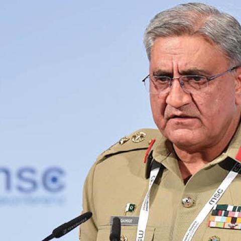 Pakistan's Chief of Army Staff Qamar Javed Bajwa delivers a speech at the 2018 Munich Security Conference on February 17, 2018 in Munich, Germany (Photo by Sebastian Widmann/Getty Images).