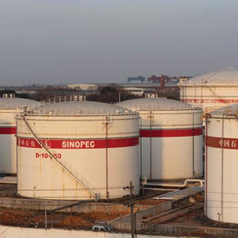 Aerial view of the China Petroleum & Chemical Corp. (Sinopec) Jiujiang oil refinery with crude oil processing capacity of 8 million tons per year on January 23, 2021 in Jiujiang, Jiangxi Province of China. (Photo by Zhang Haiyan/VCG via Getty Images)