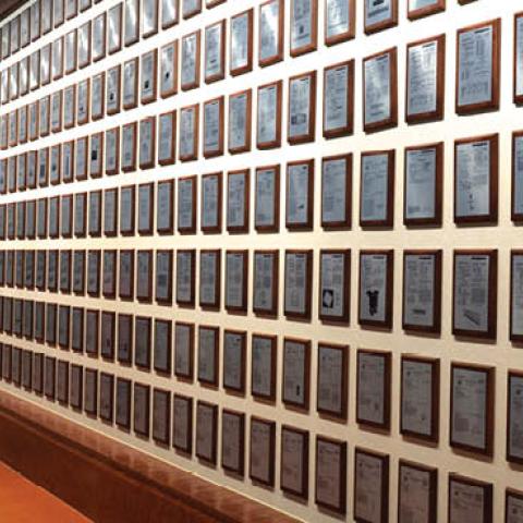 Patents are displayed in the lobby of a Beijing holding group, May 22, 2015. (Visual China Group via Getty Images)