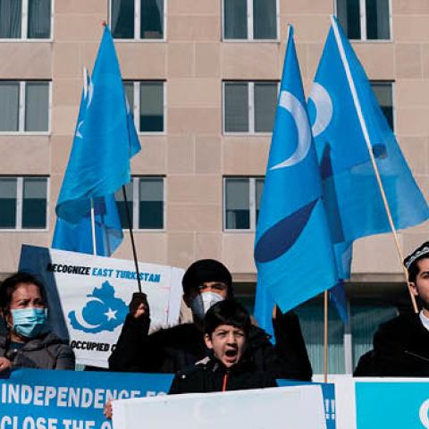Uyghurs of the East Turkistan National Awakening Movement (ETNAM) hold a rally outside the US State Department calling on US President Joe Biden to increase pressure on the Chinese Communist Party, on February 5, 2021 in Washington, DC. (Photo by ALEX EDE