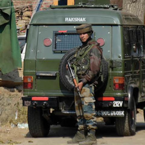 An Indian paramilitary trooper stands alert near encounter spot in Pampore area south of Srinagar, Indian Administered Kashmir on 06 November 2020 (Photo by Muzamil Mattoo/NurPhoto via Getty Images)