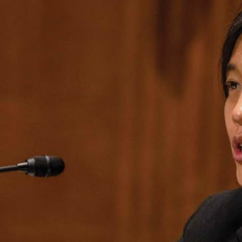Katherine Tai, nominee for US Trade Representative, testifies during the Senate Finance committee hearings to examine her nomination in Washington, DC, on February 25, 2021. (Photo by TASOS KATOPODIS/POOL/AFP via Getty Images)