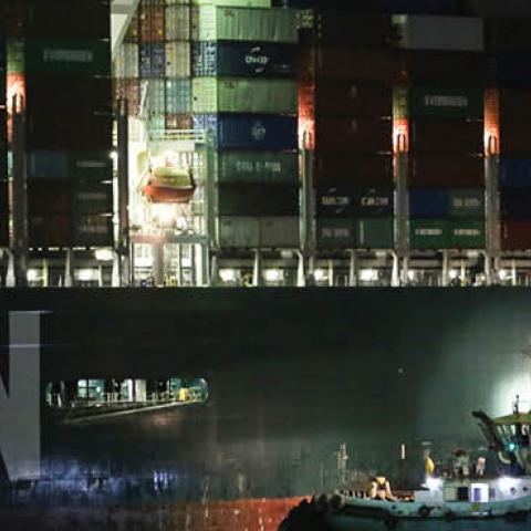 A general view of "Ever Given", a container ship operated by the Evergreen Marine Corporation which is currently stuck in the Suez canal, during a tugging attempt to re-float it (Photo by Fadell Dawod/picture alliance via Getty Images) 