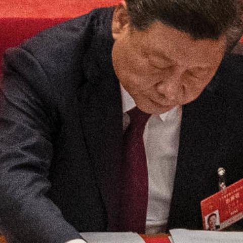 China's President Xi Jinping during the closing session of the National People's Congress at the Great Hall of the People on March 11, 2021 (Photo by Kevin Frayer/Getty Images)