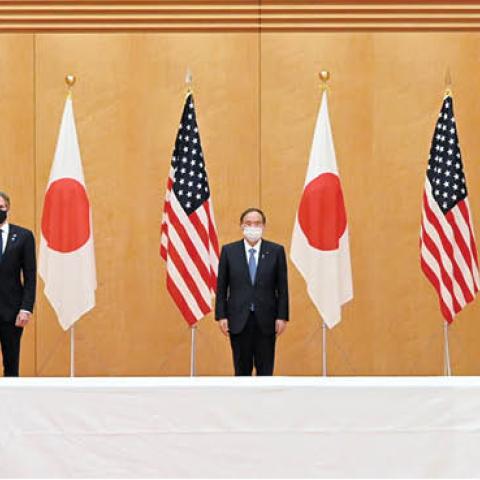 U.S. Defense Secretary Lloyd Austin, U.S. Secretary of State Blinken, Japanese Prime Minister Suga, Foreign Minister Motegi and Defense Minister Kishi  on March 16, 2021 (Getty Images)