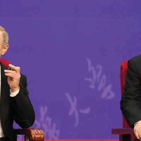 Russian President Vladimir Putin, left, and Chinese President Xi Jinping, right, attend the Tsinghua Universitys ceremony, at Friendship Palace on April 26, 2019 in Beijing, China. (Photo by Kenzaburo Fukuhara - Pool/Getty Images)
