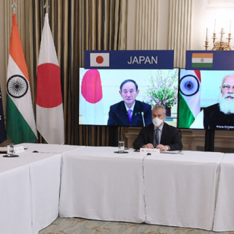 US President Joe Biden, with Secretary of State Antony Blinken, meets virtually with members of the "Quad" alliance of Australia, India, Japan and the US, in the White House on March 12, 2021. (OLIVIER DOULIERY/AFP/Getty Images)