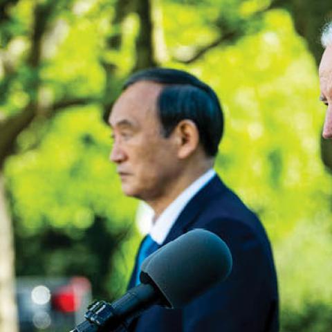 U.S. President Joe Biden and Prime Minister Yoshihide Suga of Japan hold a news conference in the Rose Garden of the White House on April 16, 2021 in Washington, DC (Photo by Doug Mills-Pool/Getty Images)