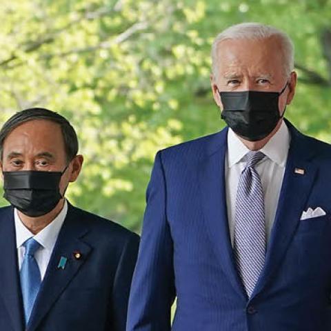 US President Joe Biden and Japan's Prime Minister Yoshihide Suga walk through the Colonnade to take part in a joint press conference in the Rose Garden of the White House in Washington, DC on April 16, 2021 (Photo by MANDEL NGAN/AFP via Getty Images)