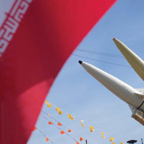 Dezful medium range ballistic missile and Zolfaghar road-mobile single-stage solid-propelled liquid fueled missile in the Azadi square (Photo by Morteza Nikoubazl/NurPhoto via Getty Images)