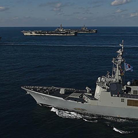 USS Nimitz, USS Ronald Reagan, and USS Theodore Roosevelt conducting operations with South Korea's destroyers during a joint naval drill on November 12, 2017 in East Sea, South Korea (Photo by South Korean Defense Ministry via Getty Images)
