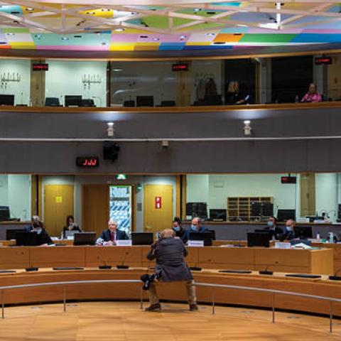 Commission Vice-President Josep Borrell chairs the informal videoconference roundtable with the Ministers responsible for Development Cooperation in the European Council on April 29, 2021 (Photo by OM/EU Pool/Getty Images)