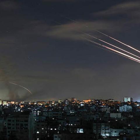 Israel's Iron Dome missile defence system intercepts rockets fired by the Hamas movement from Gaza city towards Israel early on May 16, 2021 (Photo by MOHAMMED ABED/AFP via Getty Images)