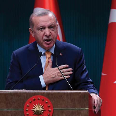 Turkish President Recep Tayyip Erdogan presents statements following the Cabinet Meeting at the Presidential Complex in Ankara on October 5, 2020. (Photo by ADEM ALTAN/AFP via Getty Images)