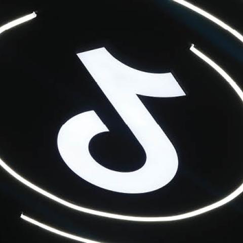 The logo of video-sharing platform TikTok, also known as Douyin, is seen during TikTok art creation forum on March 17, 2021 in Beijing, China. (Photo by VCG/VCG via Getty Images)