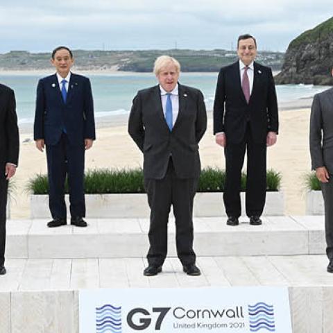 Leaders pose for a group photo at the G7 summit, in Carbis Bay, Britain, June 11, 2021 (Photo by Leon Neal - WPA Pool/Getty Images)