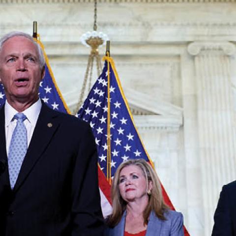 Sen. Ron Johnson (R-WI) speaks alongside Sen. Roger Wicker (R-MS), Sen. Marsha Blackburn (R-TN) and Sen. Roger Marshall (R-KN) at a news conference to discuss the origins of COVID-19 on June 10, 2021 in Washington, DC (Anna Moneymaker/Getty Images)