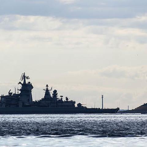 Russian battlecruiser 'Pjotr Velikij' passes the Great Belt Bridge as it leads nuclear submarine 'Dmitrij Donskoj' through the Danish waters on July 21, 2017 near Korsor, Denmark. (Photo by Ole Jensen - Corbis/Corbis via Getty Images)