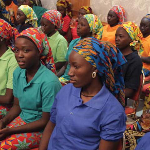 Relatives of abducted girls after the releasing 82 of school girls, kidnapped by Boko Haram in Chibok back in 2014, at Aso Rock Presidential Villa in Abuja, Nigeria on May 7, 2017. (Photo by Sodiq Adelakun/Anadolu Agency/Getty Images)