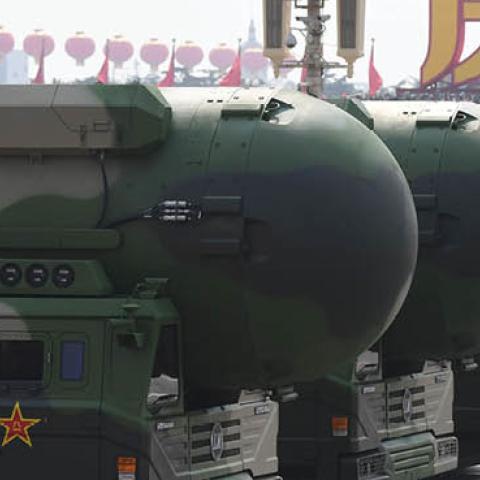 China's DF-41 nuclear-capable intercontinental ballistic missiles are seen during a military parade at Tiananmen Square in Beijing on October 1, 2019 (Photo by GREG BAKER/AFP via Getty Images)