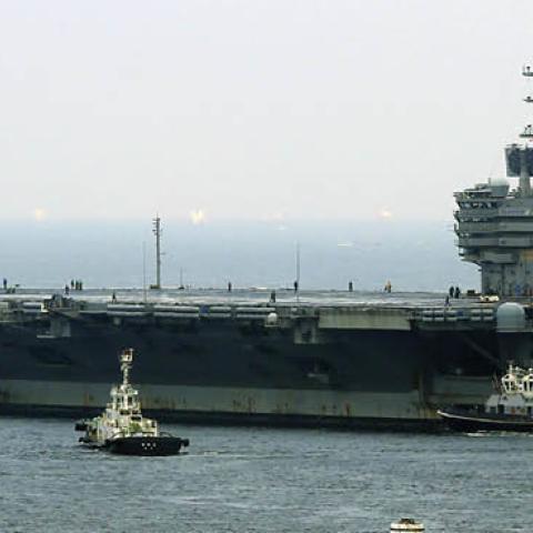 US nuclear-powered aircraft carrier USS Ronald Reagan departs the Yokosuka naval base in Yokosuka, Kanagawa prefecture on September 8, 2017 (STR/AFP via Getty Images)