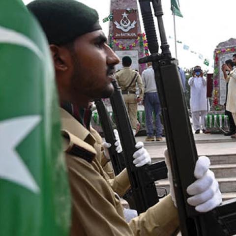 Pakistan's soldiers take part in a ceremony to mark country's Defence Day on September 6, 2021 (Photo by ARIF ALI/AFP via Getty Images)