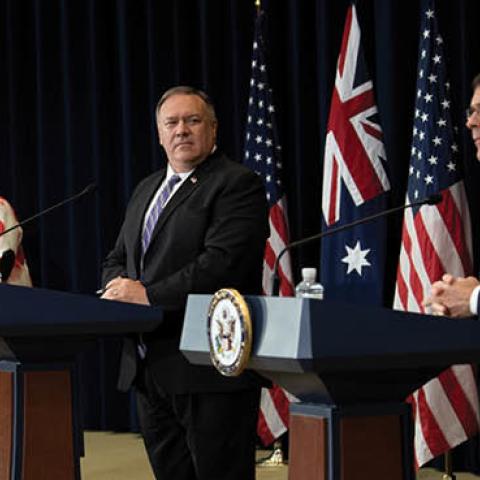 Australia's Minister for Defense Linda Reynolds and Foreign Minister Marise Payne and US Secretary of State Mike Pompeo listen while US Secretary of Defense Mark Esper speaks during a press conference following the 30th AUSMIN on July 28, 2020 (Getty)