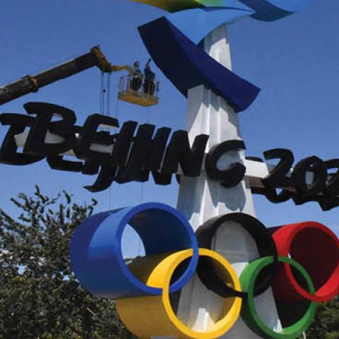 The Emblem of Beijing 2022 Olympic Winter Games is installed at Shijingshan district on August 1, 2021 in Beijing, China. (Photo by VCG/VCG via Getty Images)