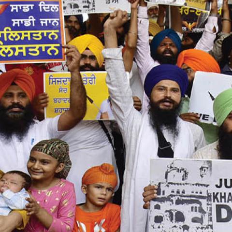 Members of various hardline Sikh organisations raised pro-Khalistan slogans during the 37th anniversary observances of Operation Blue Star at Golden Temple, on June 6, 2021 in Amritsar, India (Photo by Sameer Sehgal/Hindustan Times via Getty Images)