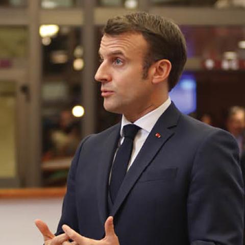 French President Emmanuel Macron speaks with journalists after the end of the second day of negotiations on the EU long term budget for 2021-2027 (Photo by Nicolas Economou/NurPhoto via Getty Images)