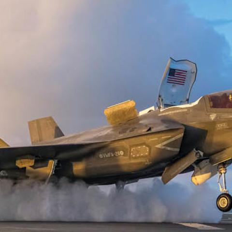 A F-35B executes a short takeoff from the USS America during allied exercises between the Royal Navy and US Marines in the Philippine Sea, Aug. 20, 2021. (US Marine Corps/John Tetrault)