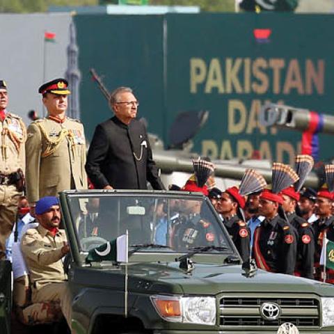 Pakistani President Arif Alvi reviews the armed forces during Pakistan Day military parade in Islamabad, capital of Pakistan, March 25, 2021. Pakistan on Thursday held the Pakistan Day military parade in Islamabad (Xinhua/Xinhua via Getty Images)