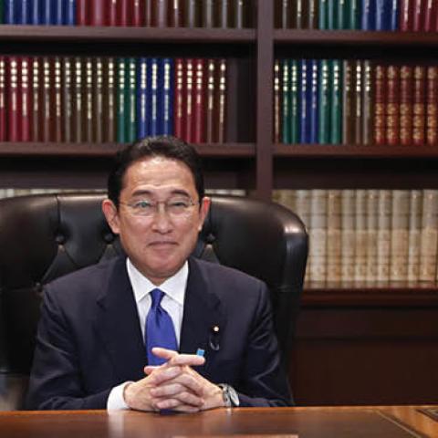 Fumio Kishida poses for a photograph following a press conference after winning the ruling Liberal Democratic Party's presidential election on September 29, 2021 in Tokyo, Japan (Photo by Du Xiaoyi - Pool/Getty Images) 